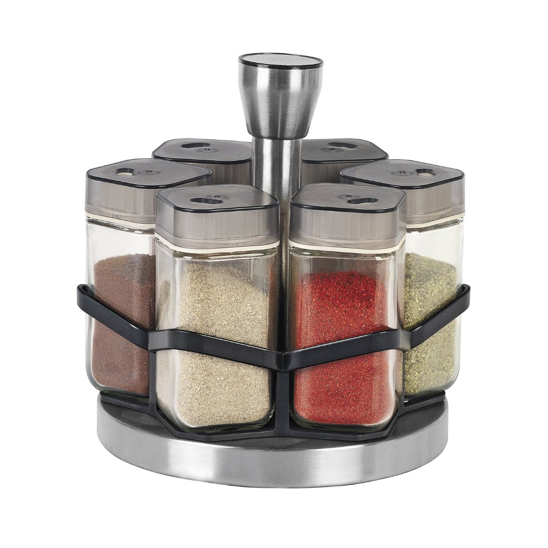 Imagem ilustrativa para Jogo de 6 porta condimentos em vidro com suporte em aço inox 100ml P15,5xL17xA17cm