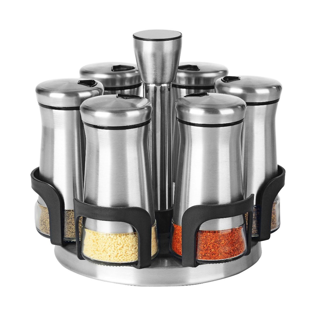 Imagem ilustrativa para Jogo de 6 porta condimentos em vidro com suporte em aço inox 120ml P19xL19xA17cm