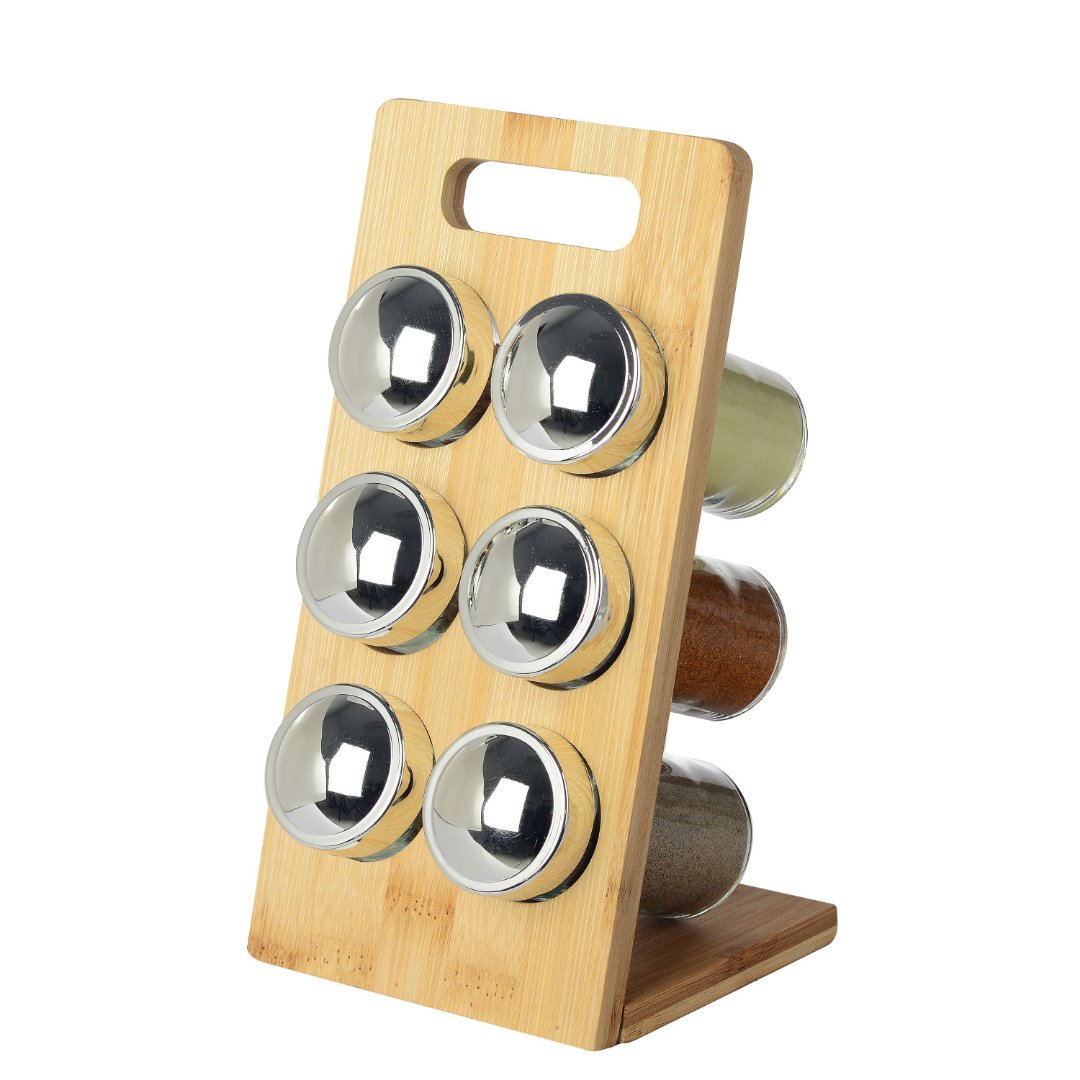 Imagem ilustrativa para Jogo de 6 porta condimentos em vidro com suporte em bambu 100ml P11xL13xA22,5cm