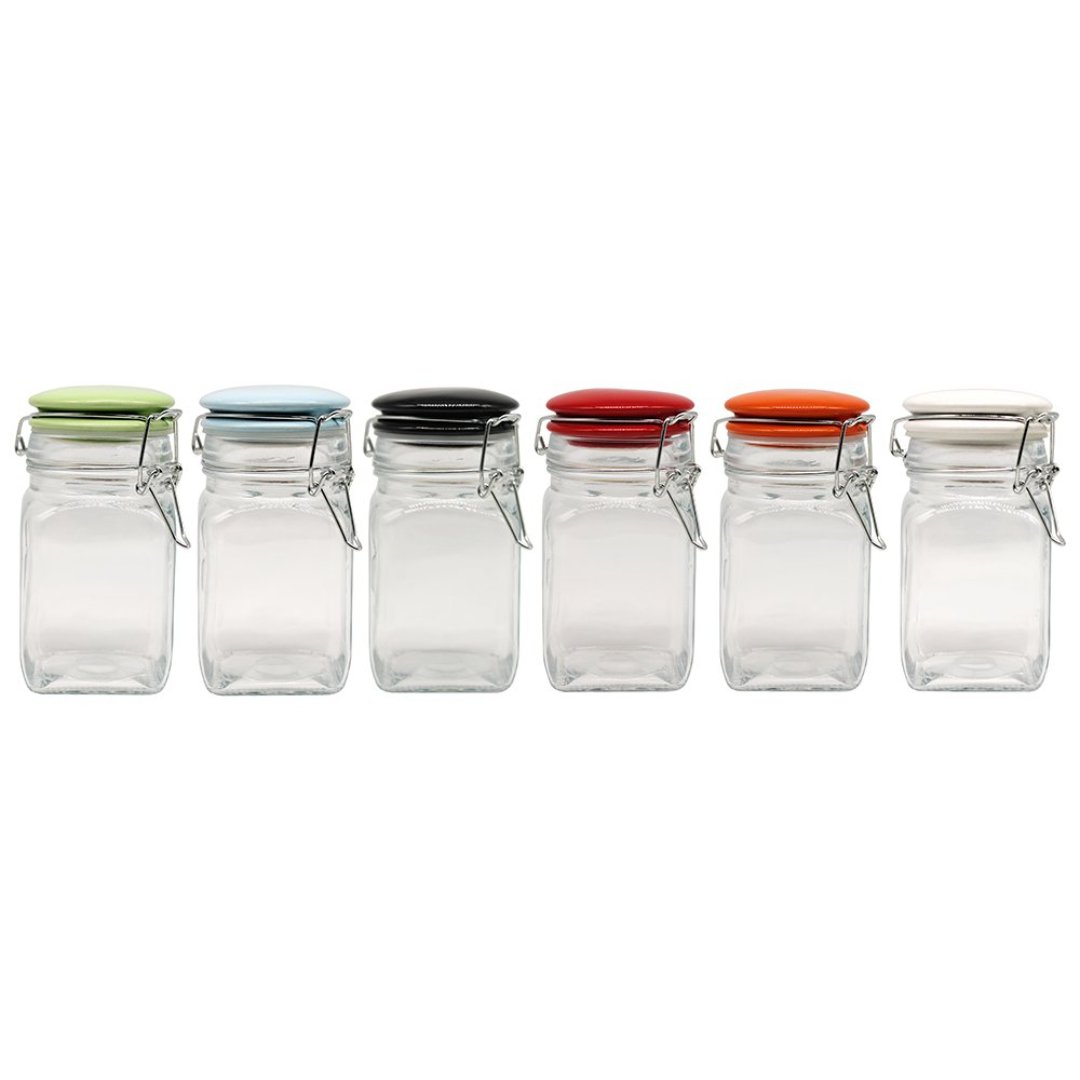 Imagem ilustrativa para Jogo de 6 porta mantimentos em vidro com tampa colorida e trava 250ml 6,5xA12cm