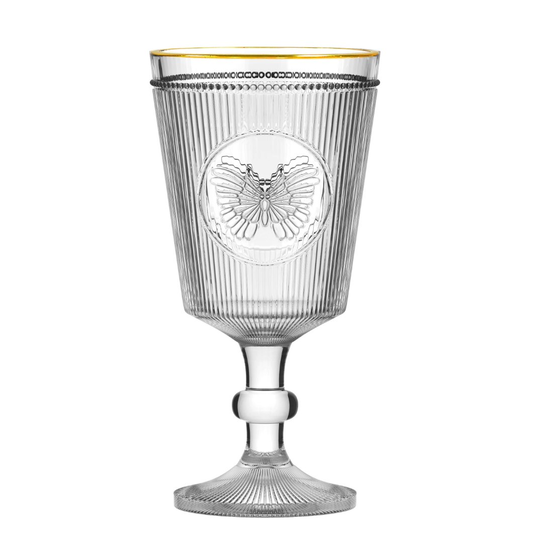 Fotografia para o produto Jogo de 6 tacas Borboleta em vidro gold rim 325ml A17cm-Pequenos Voadores Fotografia para o produto Jogo de 6 tacas Borboleta em vidro gold rim 325ml A17cm-Pequenos Voadores