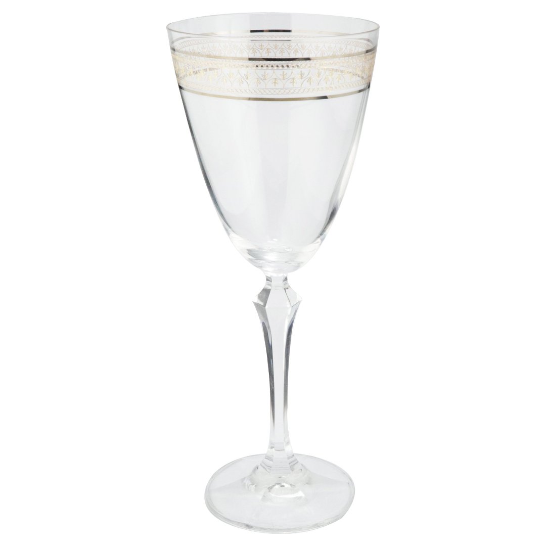 Imagem ilustrativa para Jogo de 6 taças para água decorada em cristal ecológico com friso dourado e platinum rim 350ml A22cm