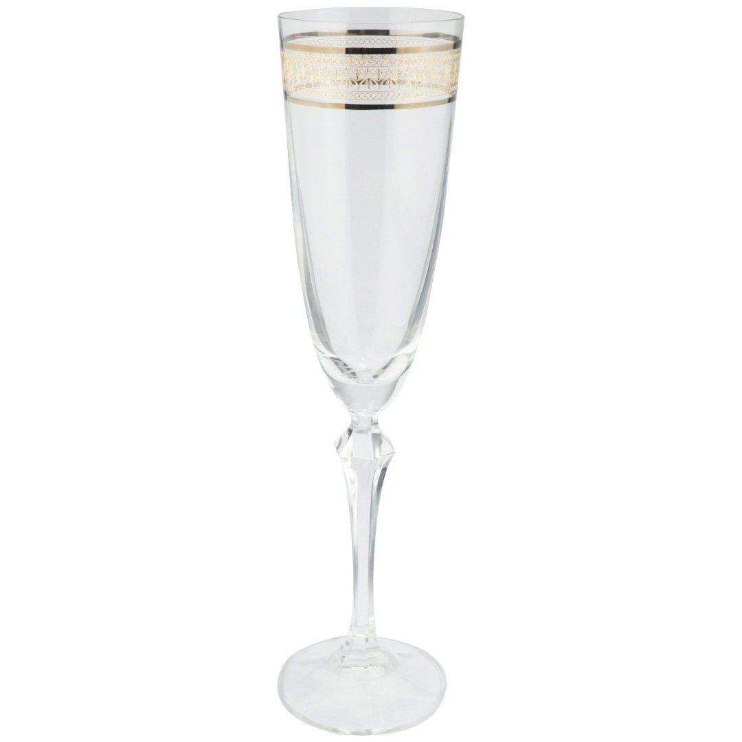 Imagem ilustrativa para Jogo de 6 taças para champanhe decorada em cristal ecológico com friso dourado e platinum rim 200ml