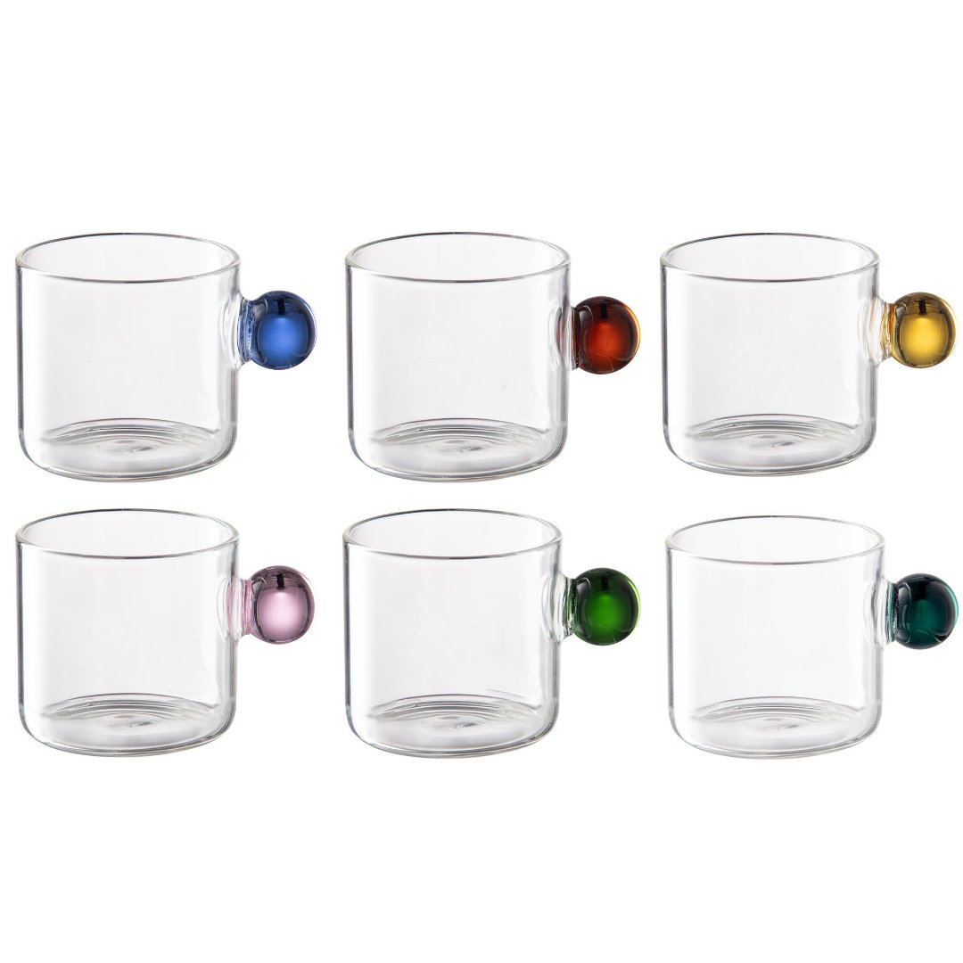 Imagem ilustrativa para Jogo de 6 xícaras em vidro borossilicato e alça colorida 80ml
