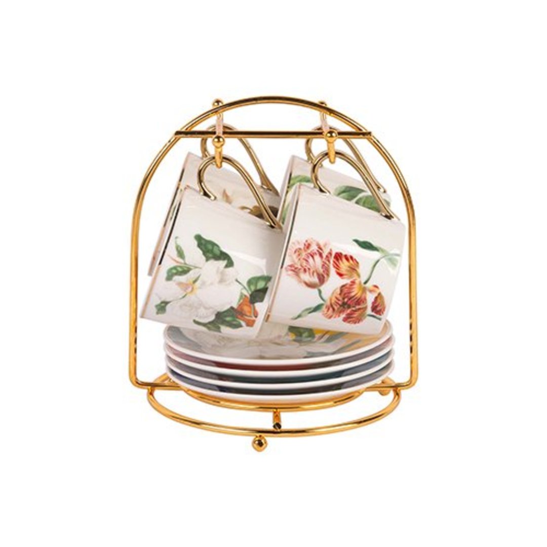 Imagem ilustrativa para Jogo de 8 peças para café em new bone china com suporte e filado dourado 90ml