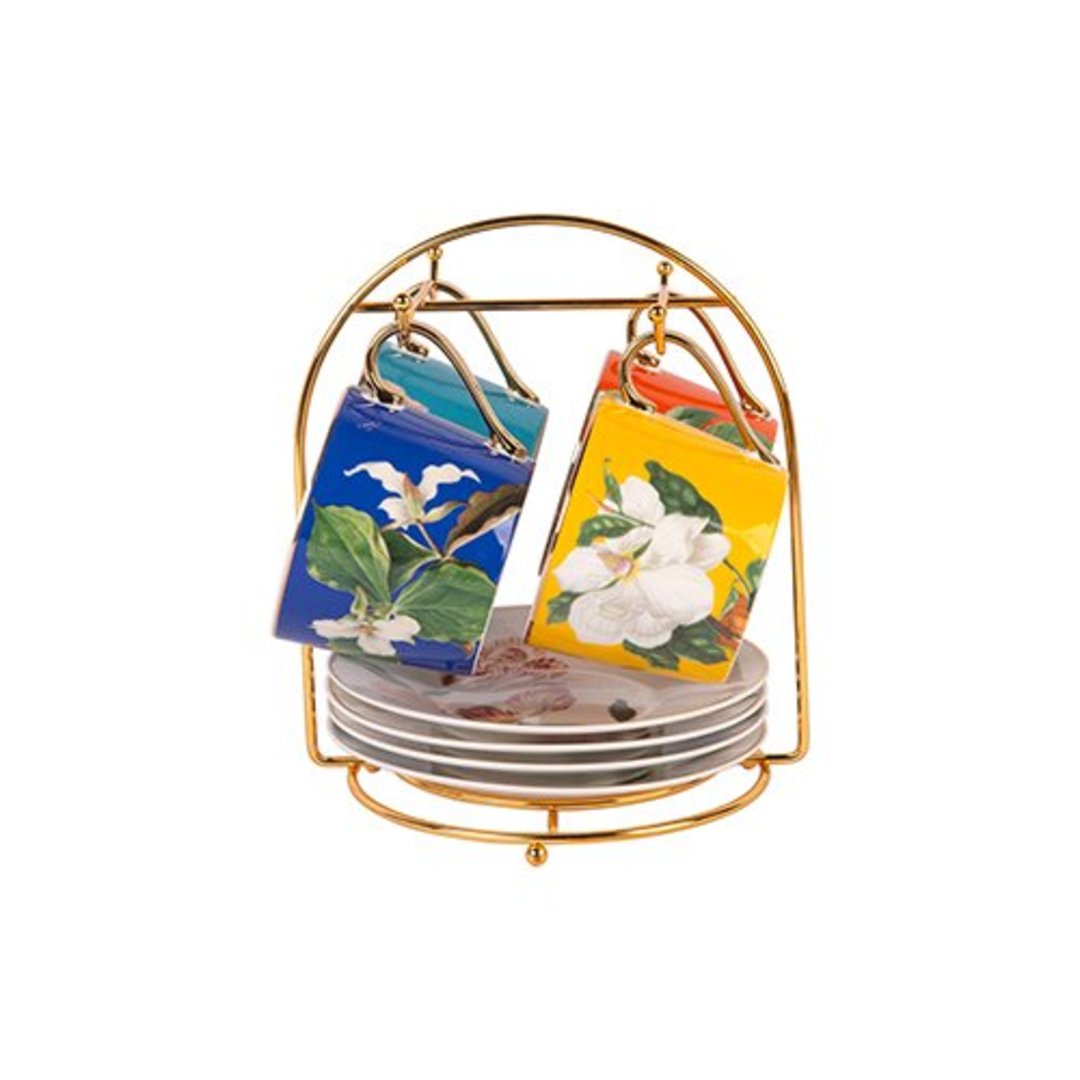 Imagem ilustrativa para Jogo de 8 peças para chá em new bone china com suporte e filado dourado 200ml