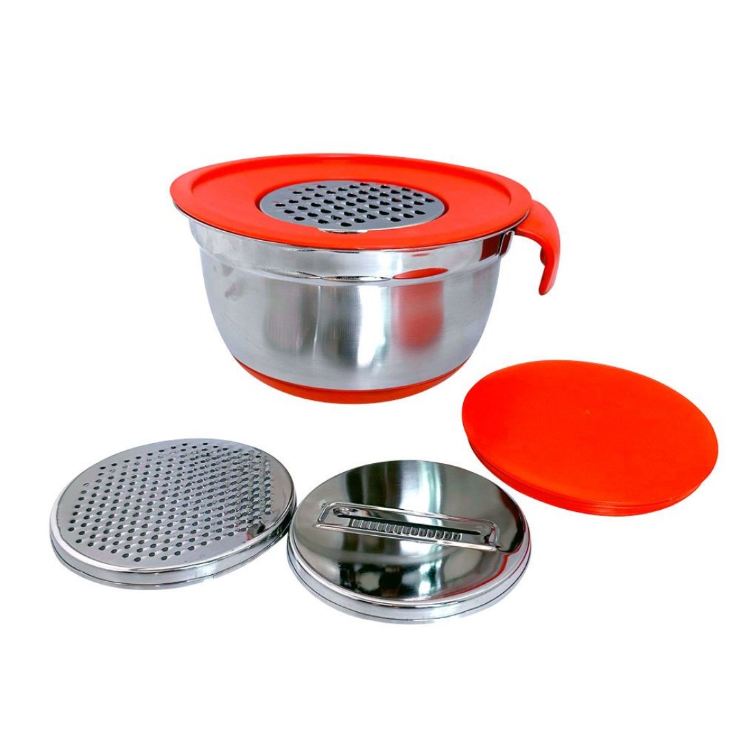 Imagem ilustrativa para Jogo de 2 bowls em inox com tampa vermelha e 3 raladores