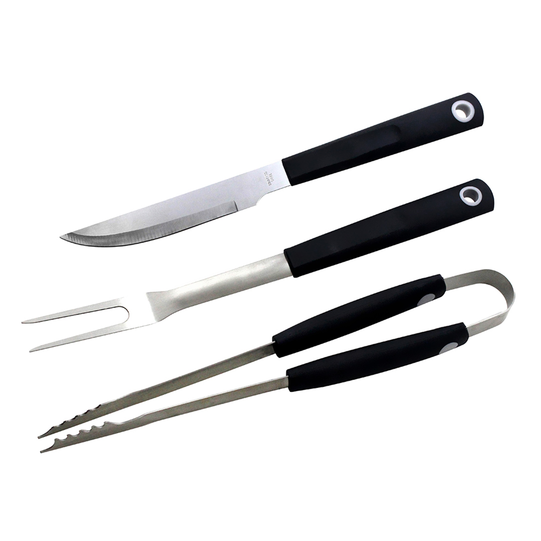 Imagem ilustrativa para Jogo para churrasco 3 peças (garfo, pegador e faca) em aço inox com cabo plástico preto