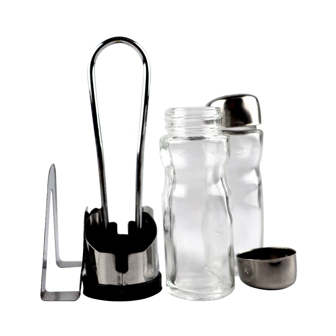 Fotografia para o produto Jogo de saleiro e pimenteiro em aco inox com porta guardanapo D3,3xA9cm