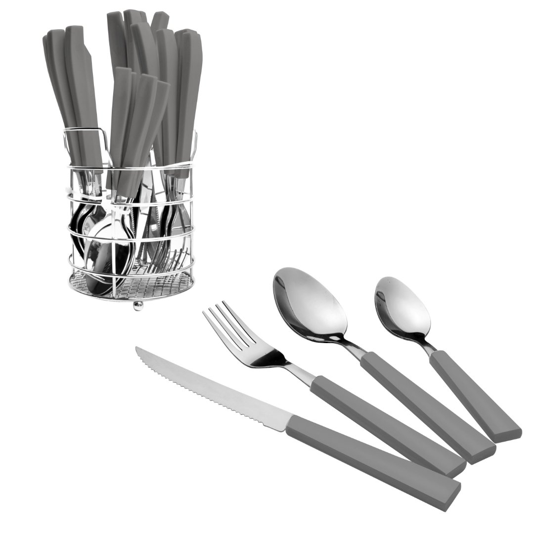 Imagem ilustrativa para Jogo de talheres em aço inox com cabo plástico cinza 25 peças