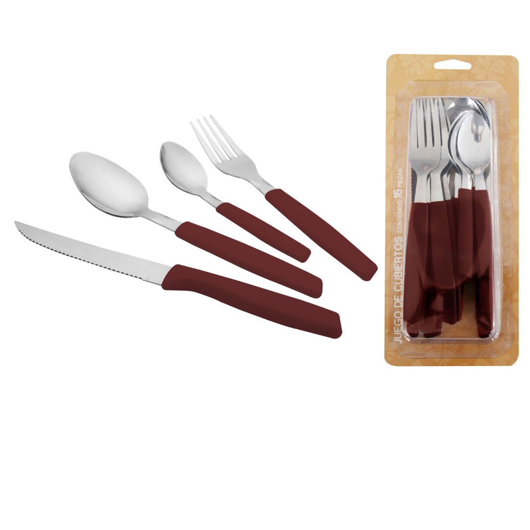 Imagem ilustrativa para Jogo de talheres em aço inox com cabo plástico marrom 16 peças