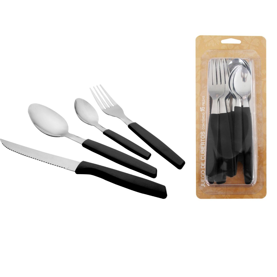 Imagem ilustrativa para Jogo de talheres em aço inox com cabo plástico preta 16 peças