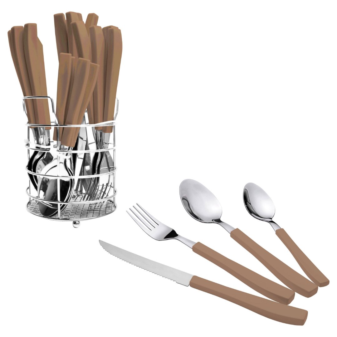 Imagem ilustrativa para Jogo de talheres em aço inox com cabo plástico marrom 25 peças