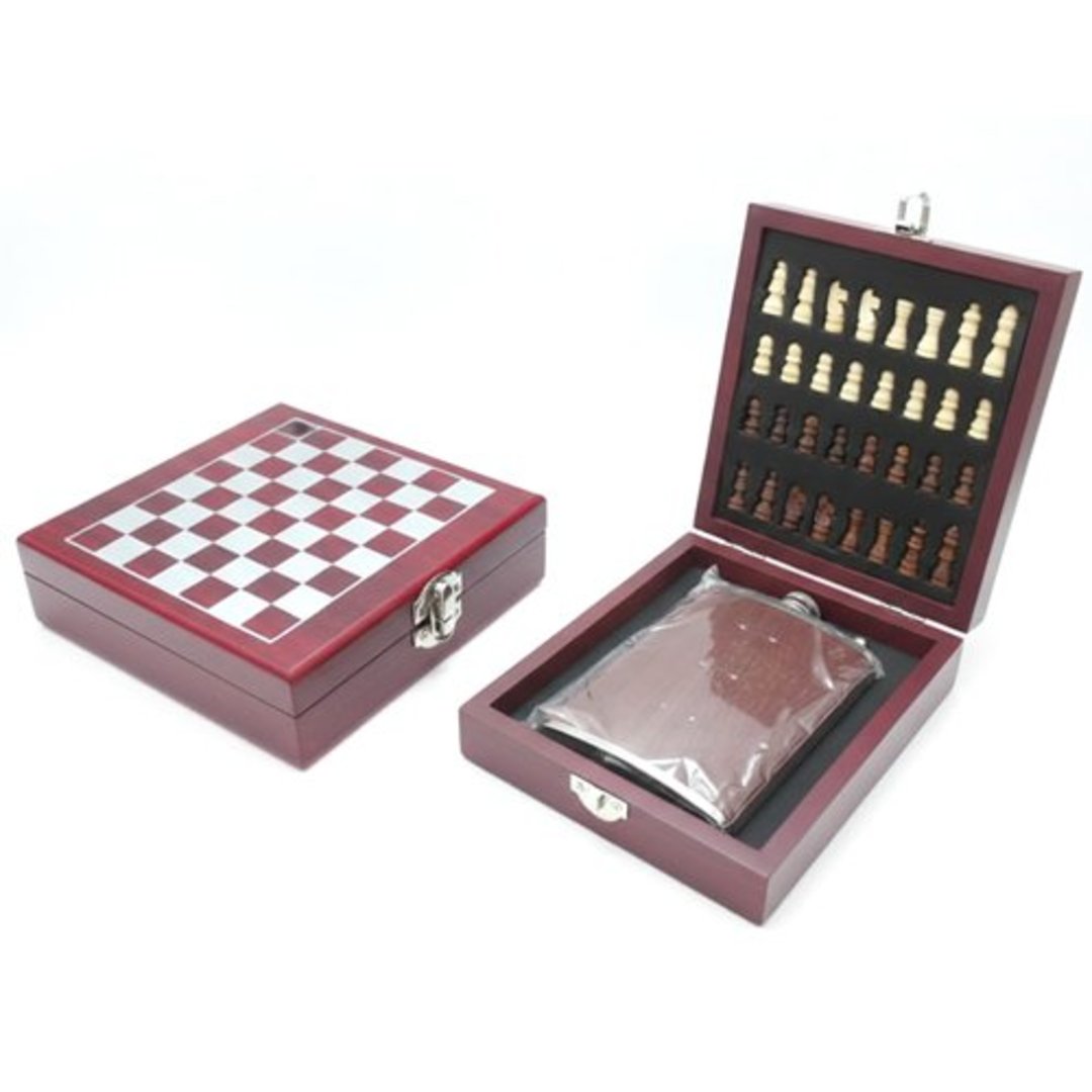 Fotografia para o produto Kit para bebidas com cantil em inox e tabuleiro de xadrez em madeira P17xL16xA5cm vermelho