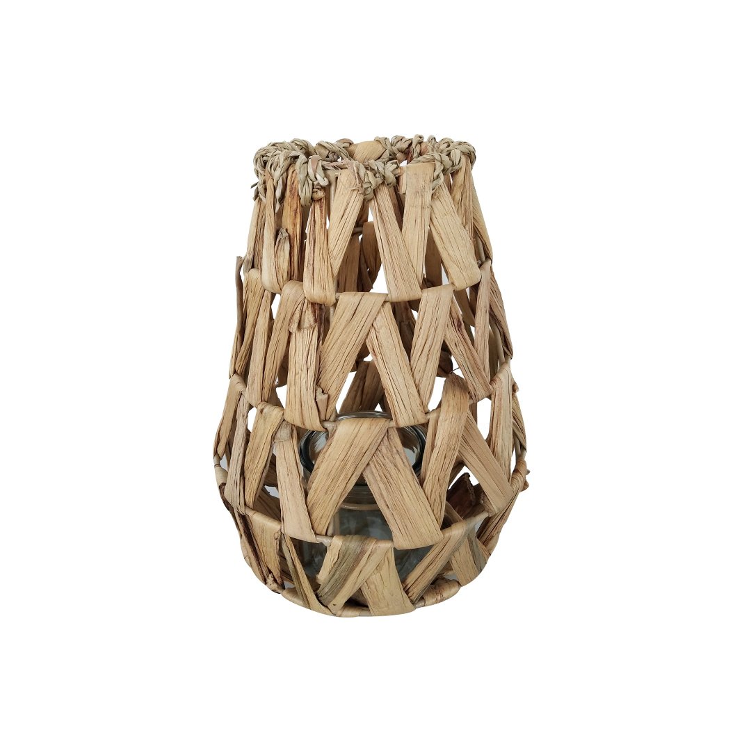 Imagem ilustrativa para Lanterna decorativa em fibra vegetal, metal e vidro 19xA26cm