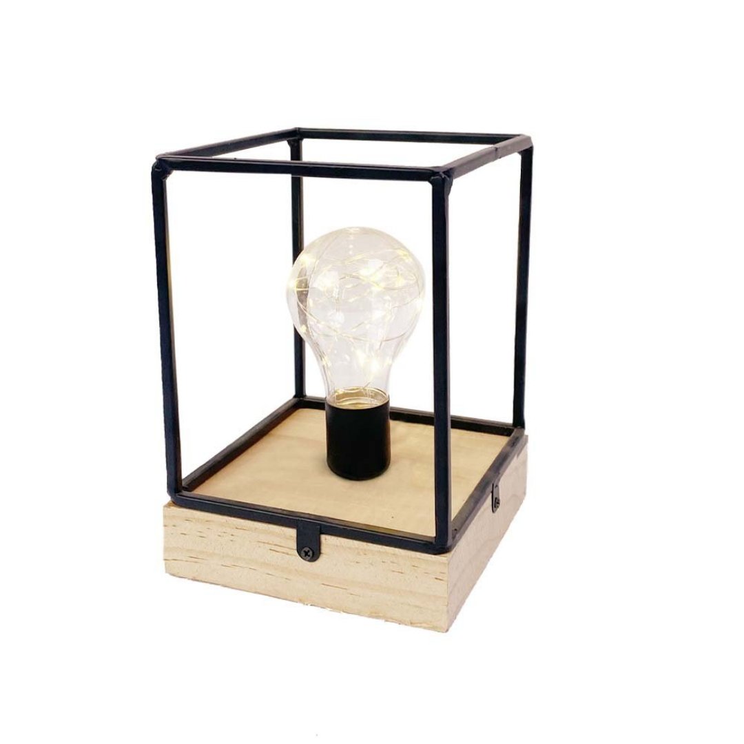 Imagem ilustrativa para Luminaria led a pilha de mesa em ferro com base madeira A17cm preto