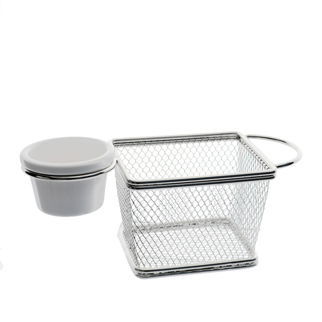 Imagem ilustrativa para Mini cesta retangular em aço inox com molheira em melamina P8xL10xA7,5cm prata