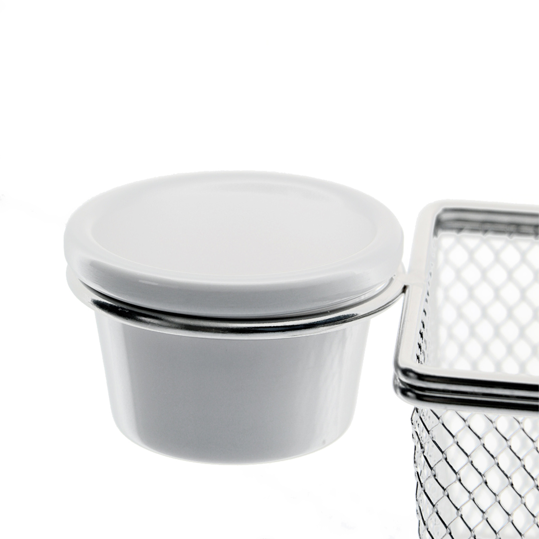 Fotografia para o produto Mini cesta retangular em aço inox com molheira em melamina L10xP8xA7,5cm