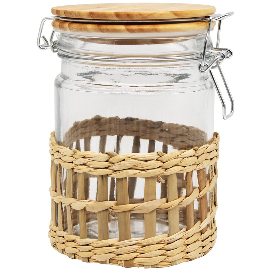 Fotografia para o produto Porta mantimento em vidro revest fibra sintética tampa em bambu e trava 750ml 10x10x14,5