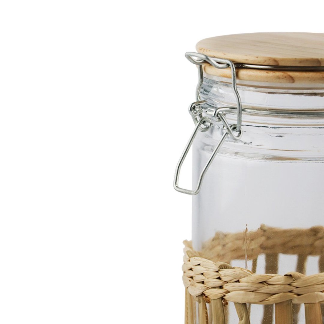 Fotografia para o produto Porta mantimento em vidro e revest de fibra sintética tampa em bambu e trava 1,2L 10x10x20