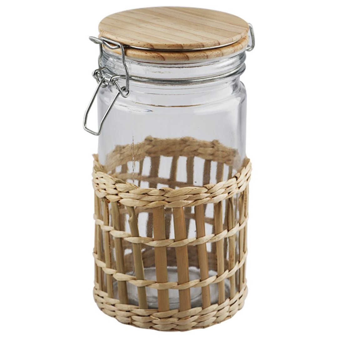 Fotografia para o produto Porta mantimento em vidro e revest de fibra sintética tampa em bambu e trava 1,2L 10x10x20