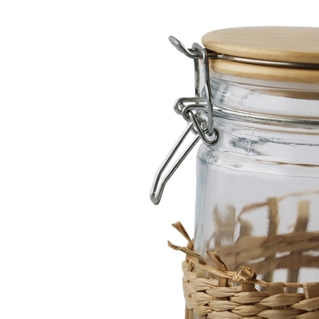 Fotografia para o produto Porta mantimento em vidro revest fibra sintética tampa em bambu e trava 750ml 10x10x14,5