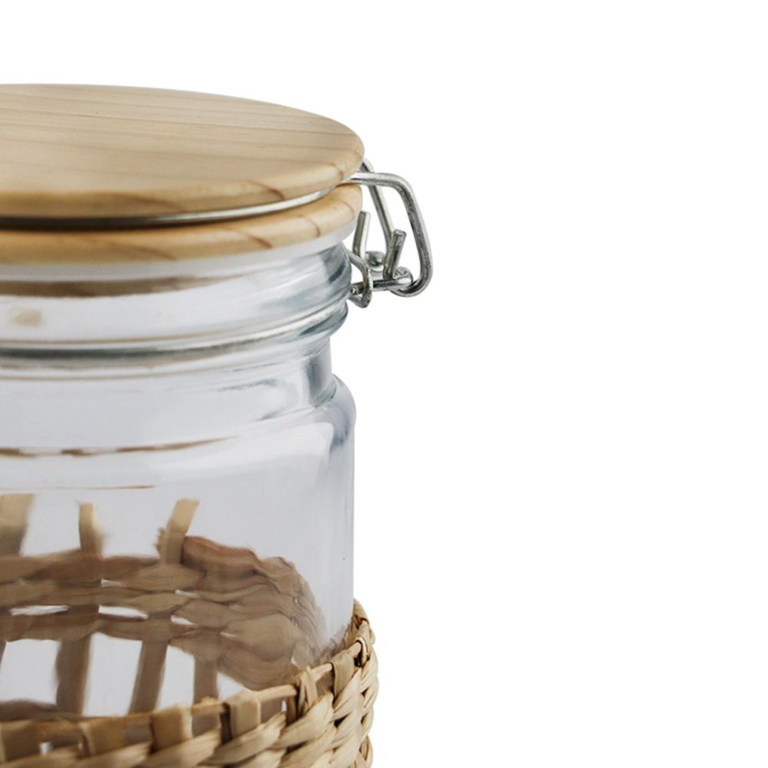 Fotografia para o produto Porta mantimento em vidro revest fibra sintética tampa em bambu e trava 750ml 10x10x14,5