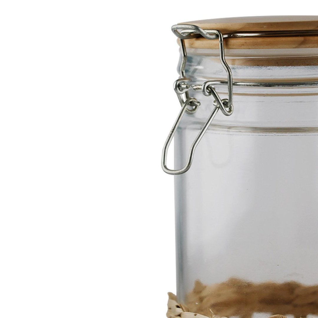 Fotografia para o produto Porta mantimento em vidro revestido de fibra sintética com tampa em bambu e trava 1,6L 10x10x25