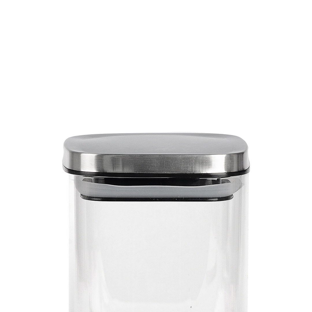 Fotografia para o produto Porta mantimento quadrado em vidro borossilicato com tampa de metal prata 1,1L L10xP10xA18cm