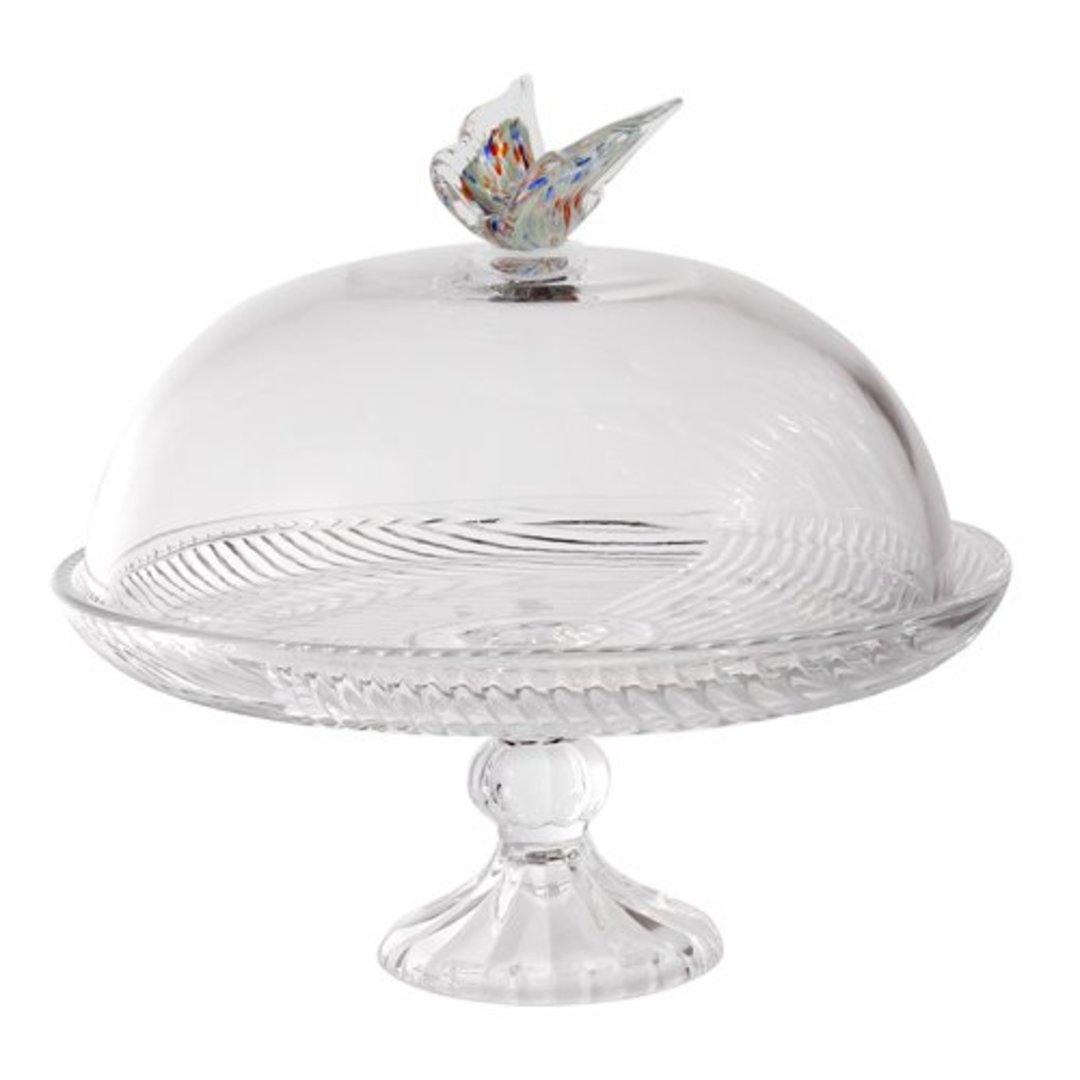 Imagem ilustrativa para Prato para bolo em cristal ecológico com tampa e alça de borboleta D30xA28cm