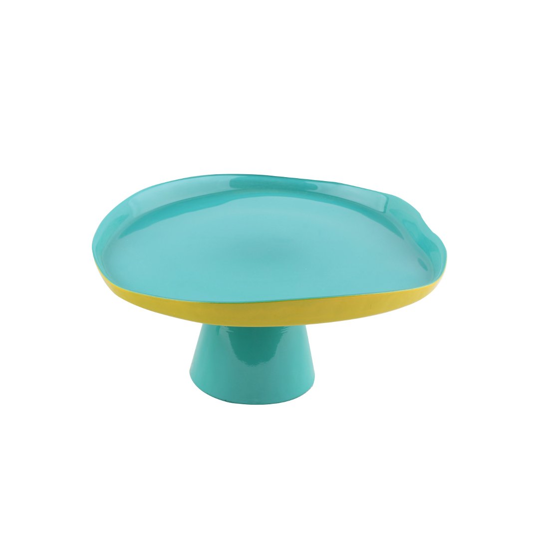 Fotografia para o produto Prato para bolo em vidro com pé 028xA12,5cm cor azul turquesa e amarela Fotografia para o produto Prato para bolo em vidro com pé 028xA12,5cm cor azul turquesa e amarela