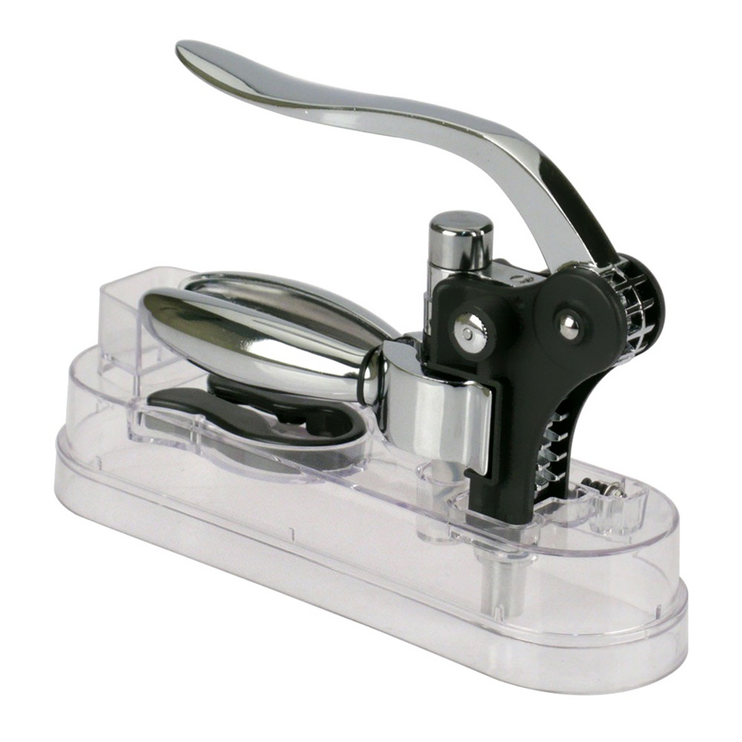 Imagem ilustrativa para Saca-rolhas em zamac com 2 acessorios e base acrilica P23xL7xA14cm