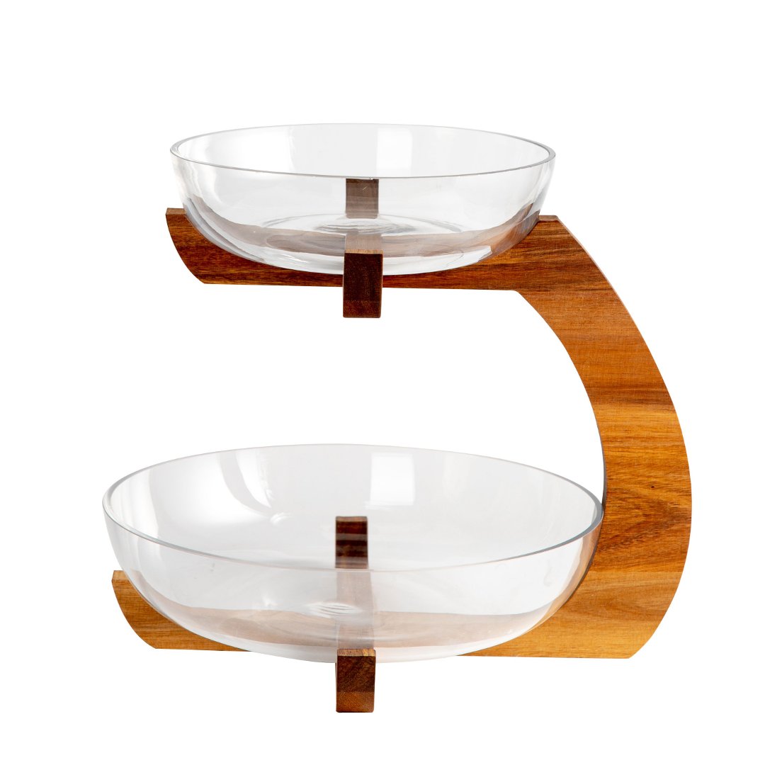 Fotografia para o produto Saladeira Wooden em vidro 2 andares com base de acácia