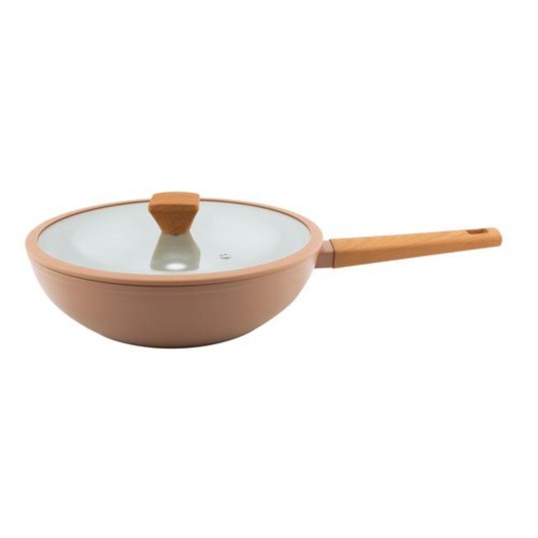 Fotografia para o produto Wok antiaderente em aluminio rev cerâmico com tampa de vidro 3,7L D28cm fendi mocha